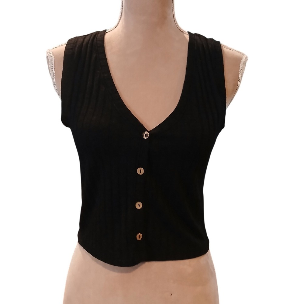 Glo Fashion Vest Black Ribbed Button Front V-Neck Crop Tank Top Size  Juniors